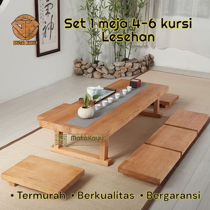 Set 1 meja 4-6 kursi lesehan kayu unik minimalis meja caffee japanese style MJS-L02