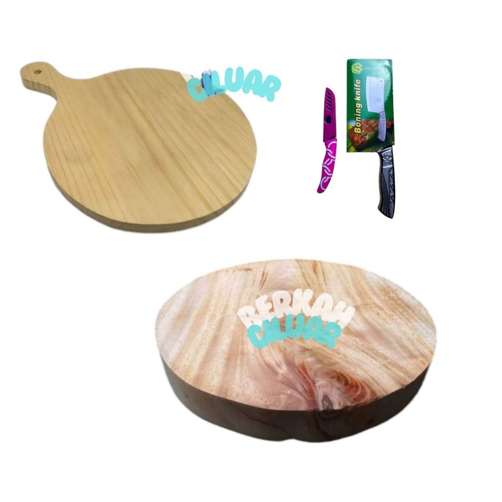 Talenan Kayu Bulat Besar Tebal / Tatakan Bulat Gagang Pisau Jaguar Dan Pisau Apel Set