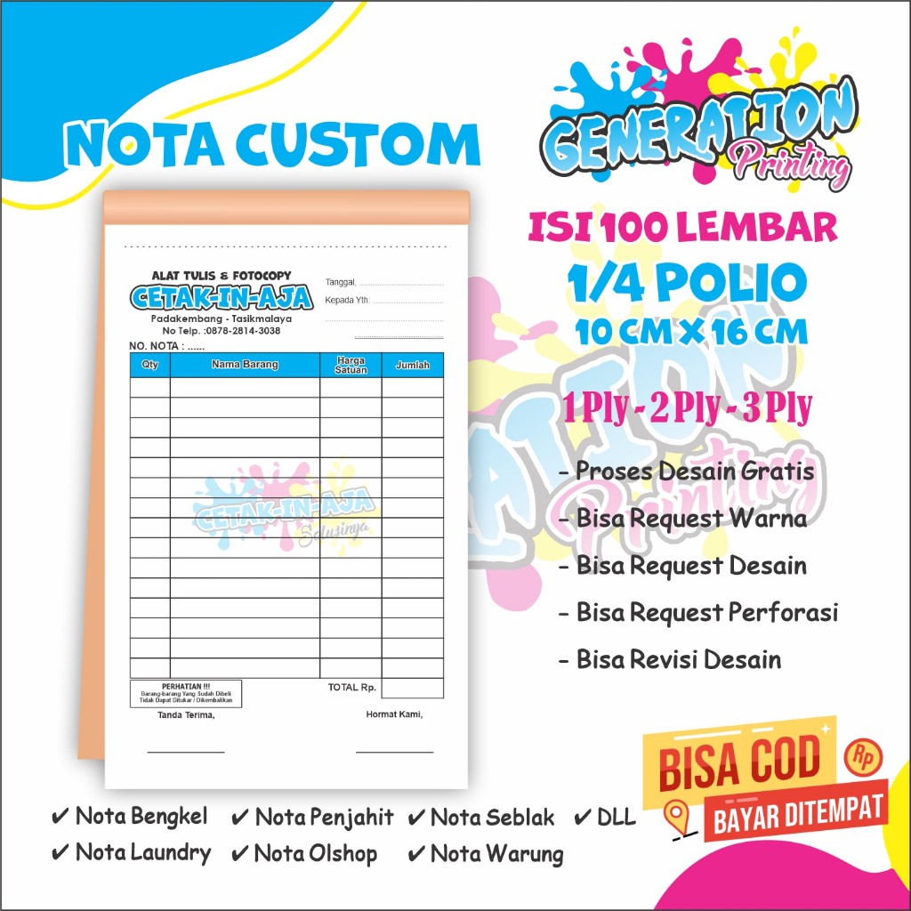 

NOTA CUSTOM 1/4 ISI 100 LEMBAR FREE DESAIN BERBAGAI TOKO, SEBLAK, BENGKEL, PONSEL, LAUNDRY, DLL