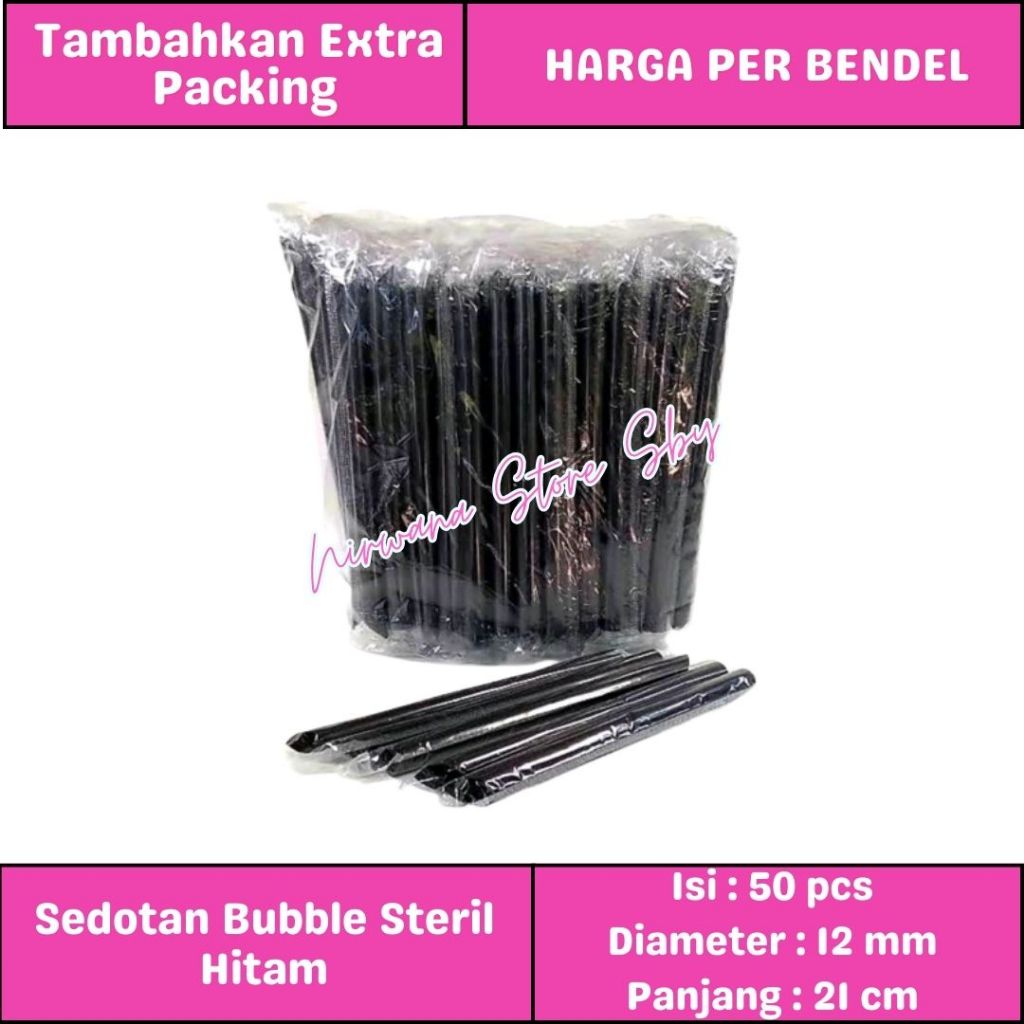 (50 Pcs) Sedotan Steril Bubble 12mm Hitam / Bening | Sedotan Boba | Sedotan Plastik