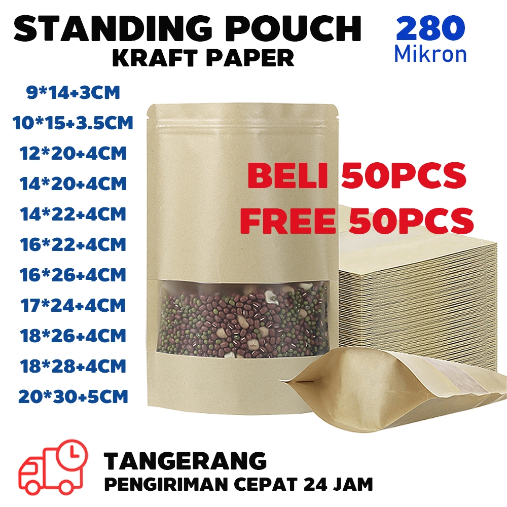 

【Beli 50PCS Free 50PCS】Plastik Ziplock Makanan Kraft Paper Standing Pouch Kertas Snack Zipper 12x20cm | 16x24cm |20x30cm