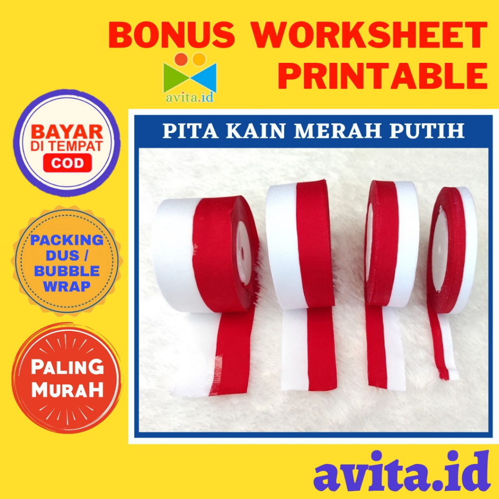 

avita.id 1 Roll Pita Kain Merah Putih 12mm, 25mm, 40mm, 50mm / Pita Kain Bendera / Pita Merah Putih Agustusan