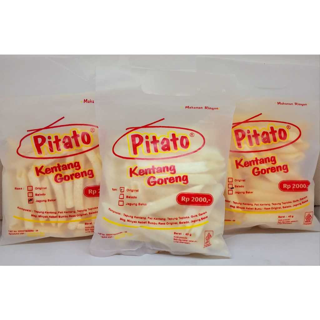 

Pitato Kentang Goreng Kemasan 40Gr 3 Varian Rasa Balado/Original/Jagung Bakar Jajanan 2000an