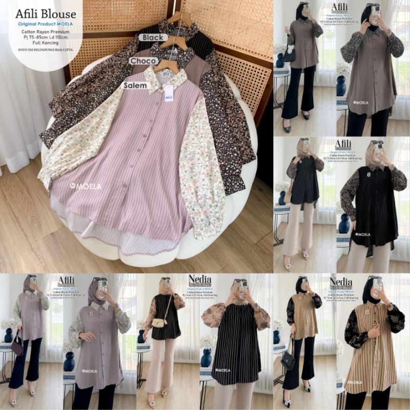 Nedia Afili Blouse Oversize Atasan Kombinasi Jumbo Allsize Busui Premium Catton Rayon Original Ori M