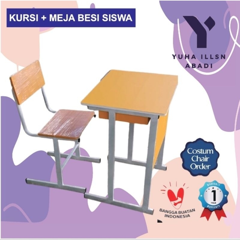 Meja kursi bangku sekolah rangka besi, set meja belajar siswa SMP SMA SD, Bangku Kuliah