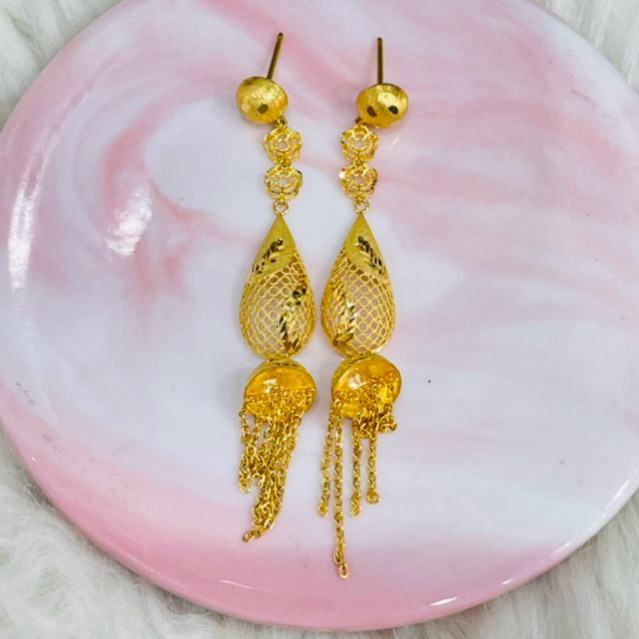 giwang kerawang bunga lonjong rumbai mewah emas asli kadar 700