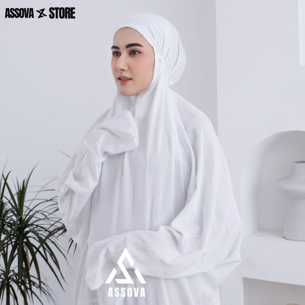 ASSOVA - Mukena Terusan Bunga Bordir Putih Premium Mewah