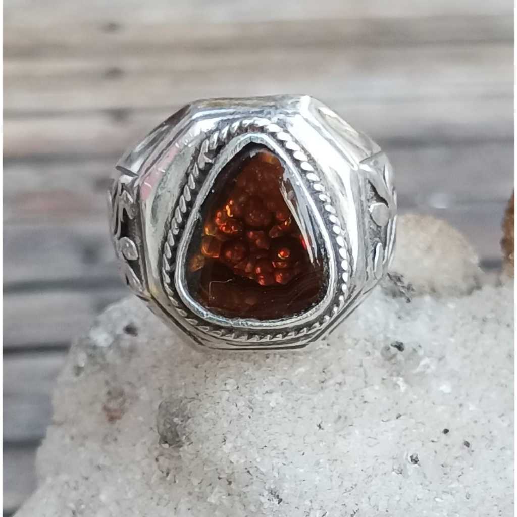 Natural Fire Agate Mexico Langka Ring Perak 925 Handmade