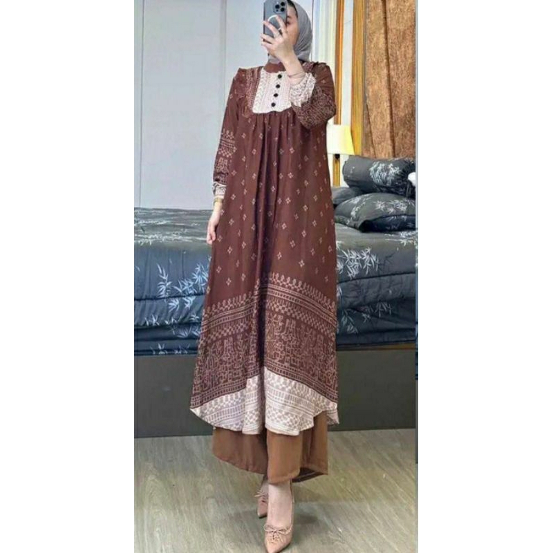 Set Long Tunik Syarla Rayon Diamond Tunik Berkancing Tunik Rayon Set Tunik Motif Batik