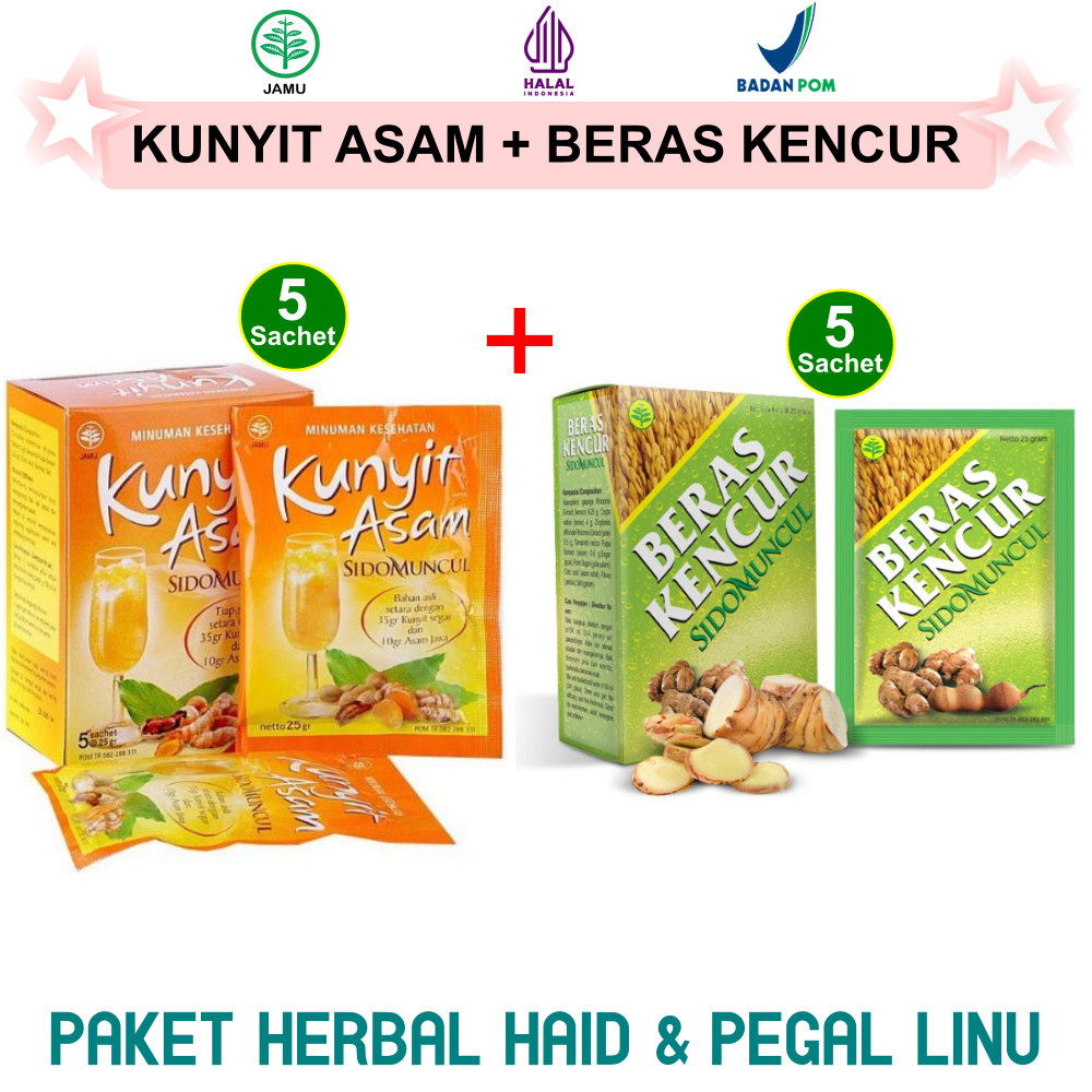 

PAKET MINUMAN KESEHATAN HAID dan PEGAL LINU : JAMU KUNYIT ASAM SIDOMUNCUL 5 SACHET dan JAMU BERAS KENCUR SIDO MUNCUL 5 SACHET