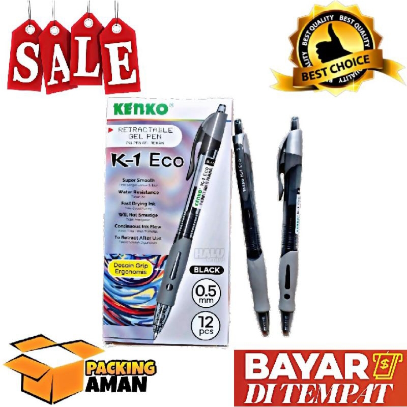 

(BISA COD) PROMO 12 Pcs Gel Pen Pulpen Hitam Pena Kenko K-1 Eco / Retractable Gel Pen / 0.5 mm / Alat Tulis