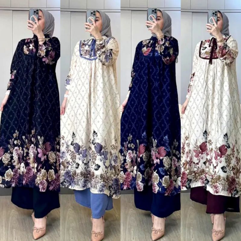 Setelan Long Tunik Tali Leher Rayon Motif Terbaru Busui One Set Long Tunik Ceruty Babydoll Furing On