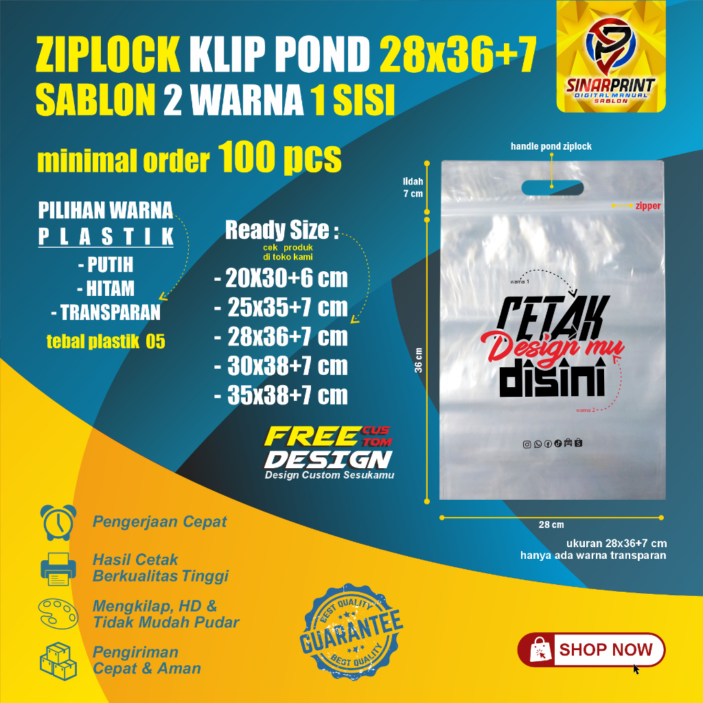 Sablon Plastik Ziplock Klip Pond 28x36+7 Plastik Olshop Distro Kemasan Packing Butik Pakaian Sepatu