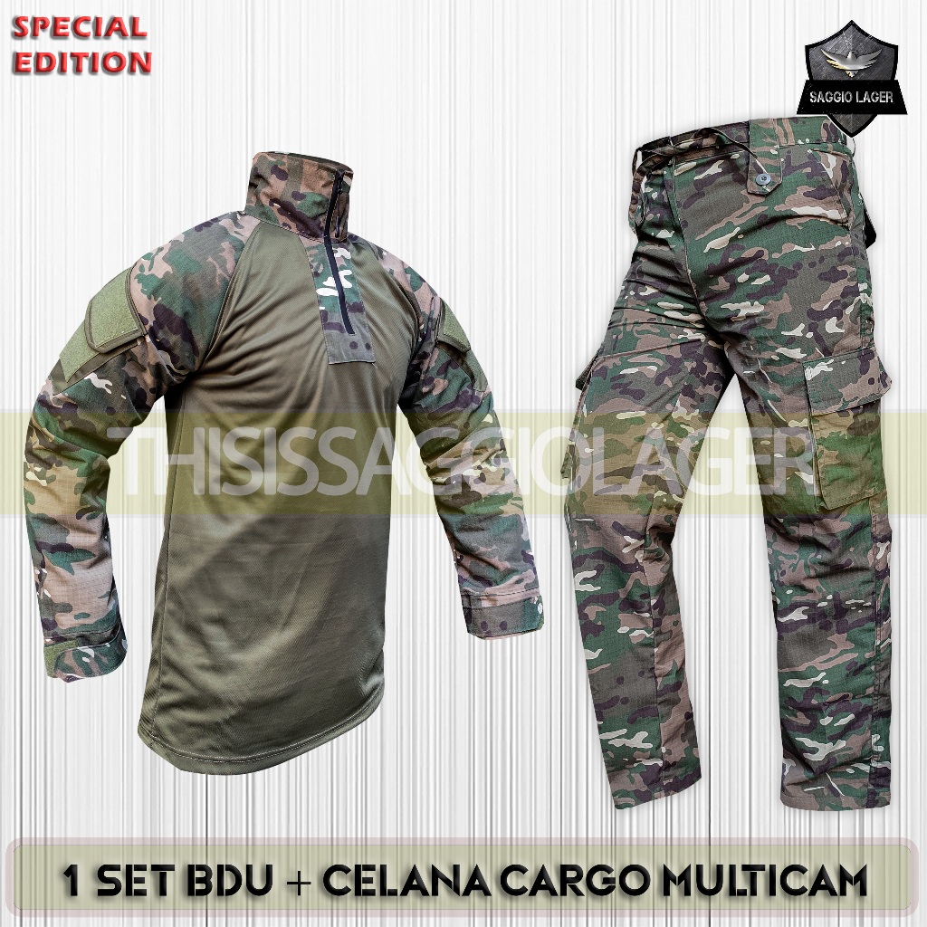 SATU SET SETELAN BAJU KAOS BDU DRY FIT RIPSTOP TACTICAL COMBAT KAMUFLASE MULTICAM US ARMY CELANA PDL