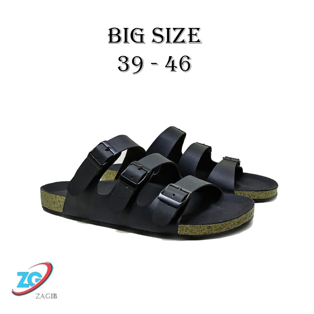 Sandal Pria Kulit Asli Slide Hitam Ukuran Besar Big Size Jumbo 39-46 / Sendal Casual Cowok Wanita