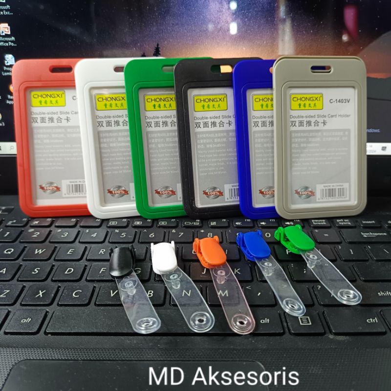 Tempat Kartu Id Card Plastik Sliding 2 Sisi Bening Transparan Holder ID Card Sliding Plus Jepitan ID