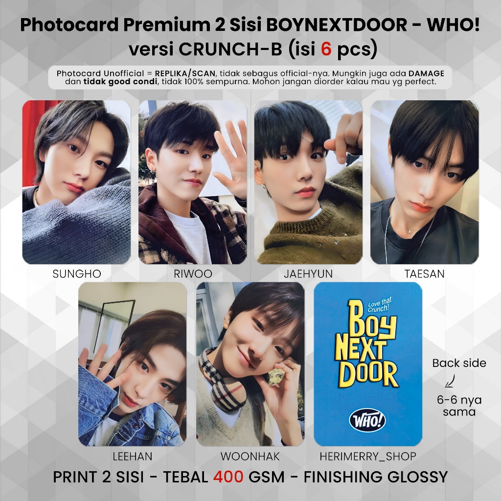 (ISI 6 PCS) Photocard Boy Next Door WHO - PC Premium 2 Sisi Kartu Kpop Merch Unofficial Bonedo BND