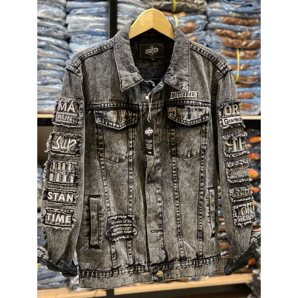 Eighteen jaket jeans denim pria terlaris emblem full bordir casual distro