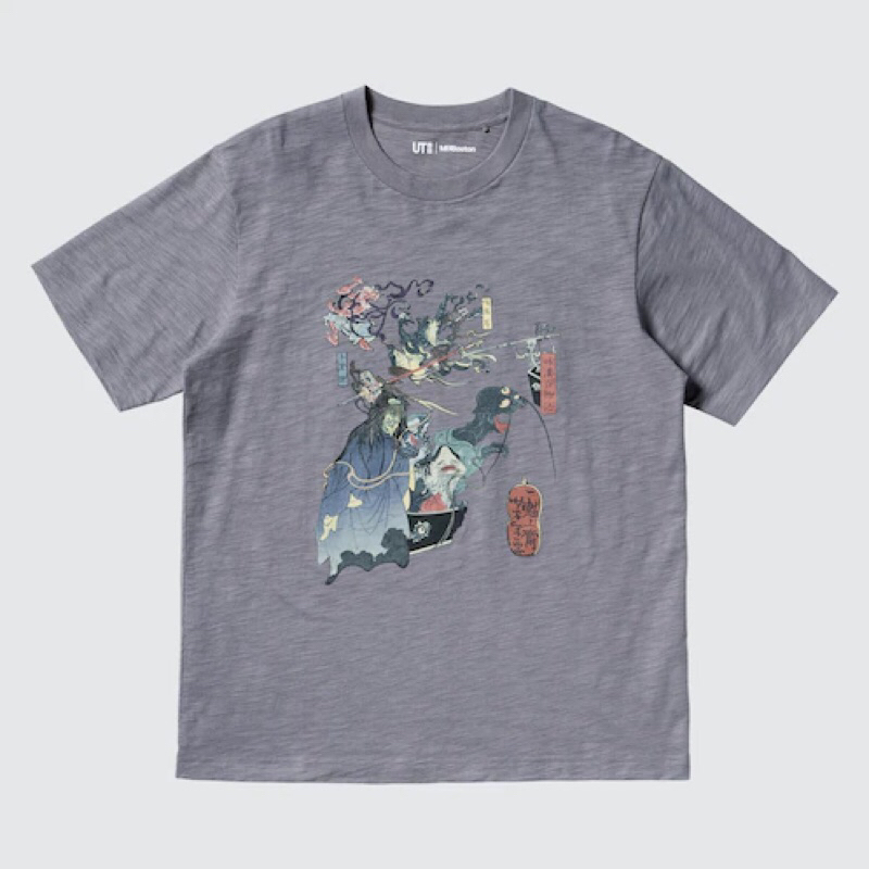 UNIQLO Men UT T-Shirt Kaos Pria Grafis Ukiyo-E Lengan Pendek Gray