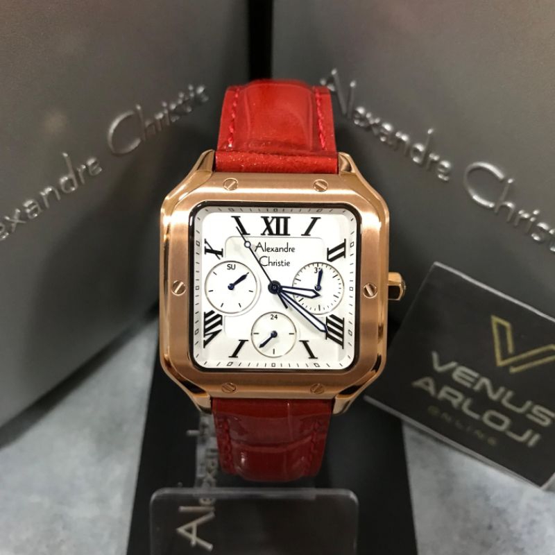 Jam Alexandre Christie AC 2B18 BF LRG Wanita Rosegold Kulit Merah Segi