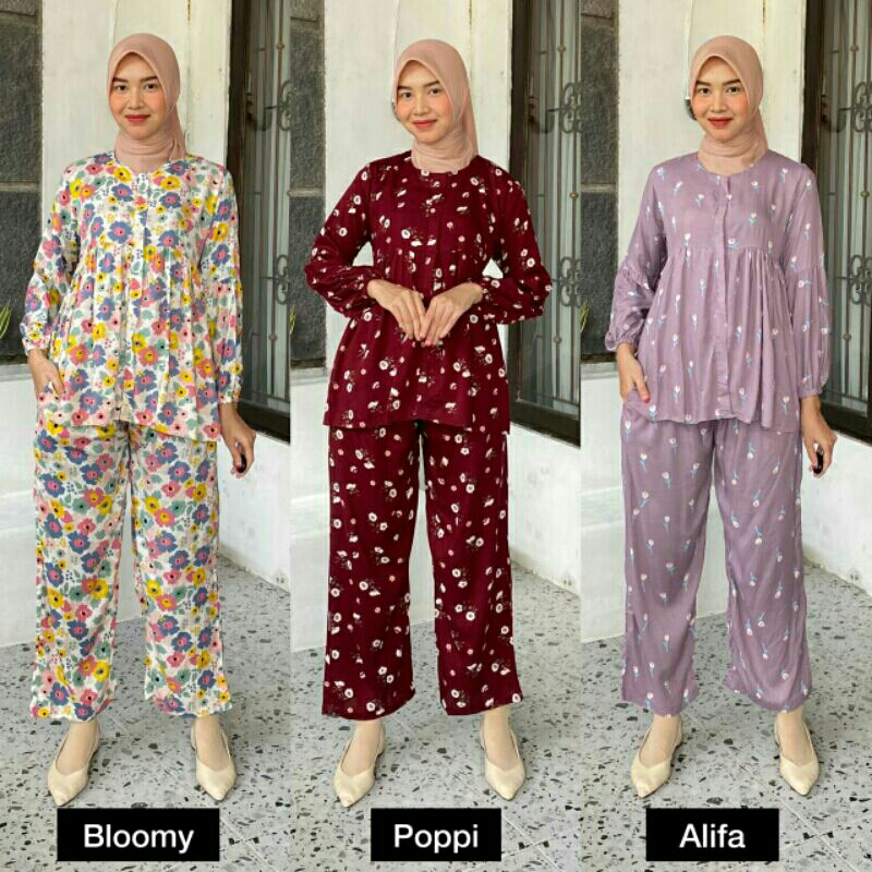SETELAN CELANA BLOUSE TUNIK DAILY SET MOTIF BAHAN KATUN RAYON KEKINIAN VIRAL PIYAMA LENGAN PANJANG B