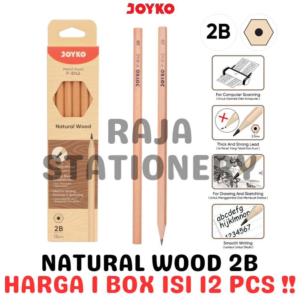 

JOYKO PENCIL 2B NATURAL WOOD PENSIL KAYU JOYKO 2B KOMPUTER UJIAN P-8142 LUSIN BOX [12PCS]