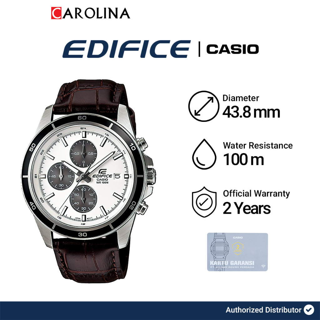 Jam Tangan Pria Casio Edifice EFR-526L-7A Chronograph White Dial Brown Leather Strap