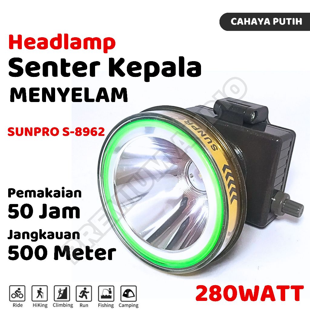 SUNPRO S-8962 Senter Kepala Diving Cahaya Putih 280 Watt Tahan Hingga 50 Jam Gratis Kacamata Selam |