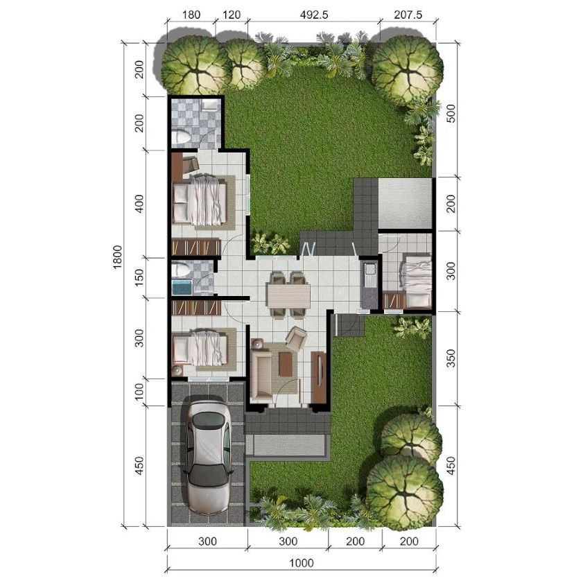 Desain denah rumah 1 lantai dengan luas 6x12