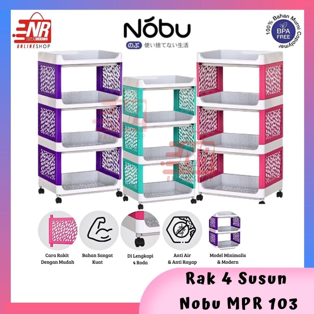 Rak Plastik 4 Susun Nobu Plus Roda - Rak Yoyo - Rak Apartemen - Rak Buku Majalah Koran - Rak Make up