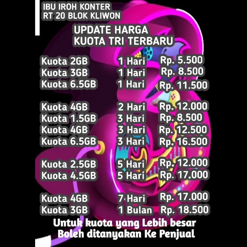 KUOTA TRI 2.5GB 5 HARI TINGGAL GOSOK DAN PAKE , GROSIR LEBIH MIRAH