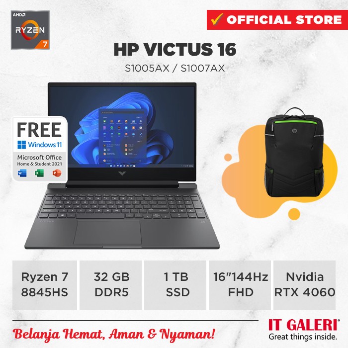 [DISKON 2% s/d 500RB] HP Victus 16-s1005AX /Ryzen 7-8845HS/16GB/1TB SSD/RTX4060 8GB/16.1″ FHD 144Hz/