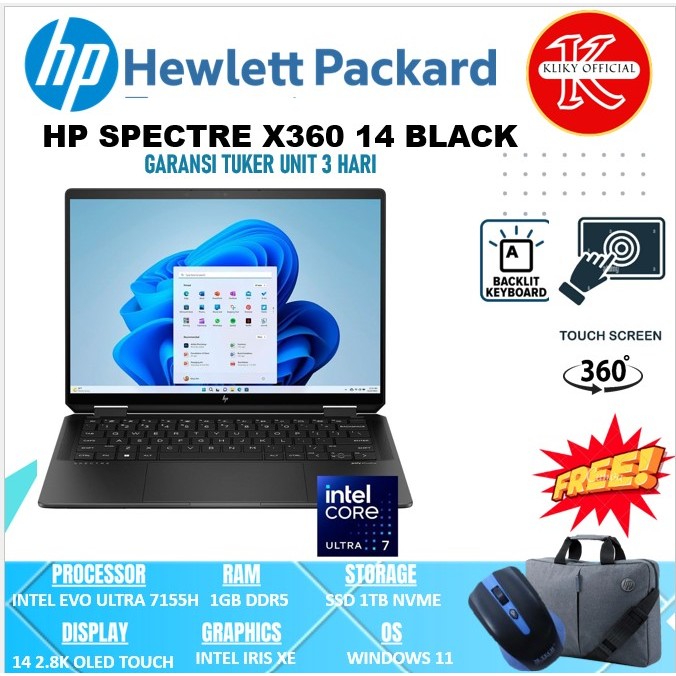 Laptop Hp Spectre X360 Intel Evo Ultra 7 155H 16GB 1TB SSD Oled Touchscreen 120Hz Black