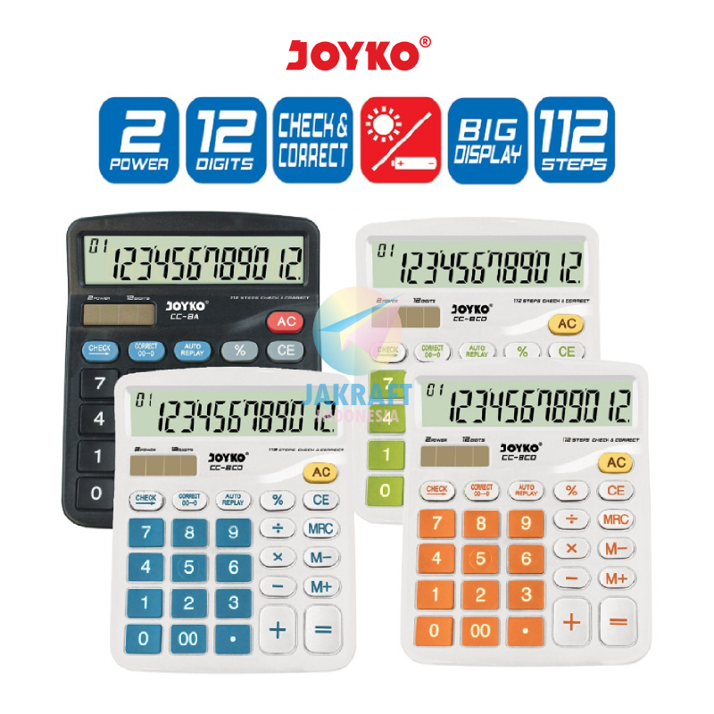 

(1 Unit) Kalkulator JOYKO CC-8A / CC-8CO Calculator 12 Digit Ratusan Miliar Big Display Dual Power Check & Correct