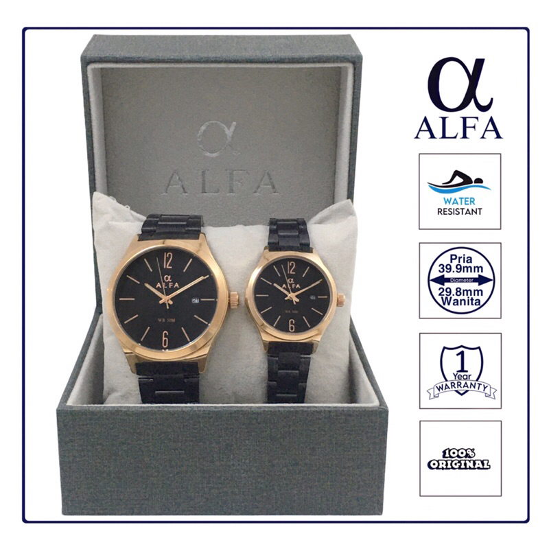 ALFA Jam Tangan Couple Tahan Air Warna Rose Hitam R8001 Original
