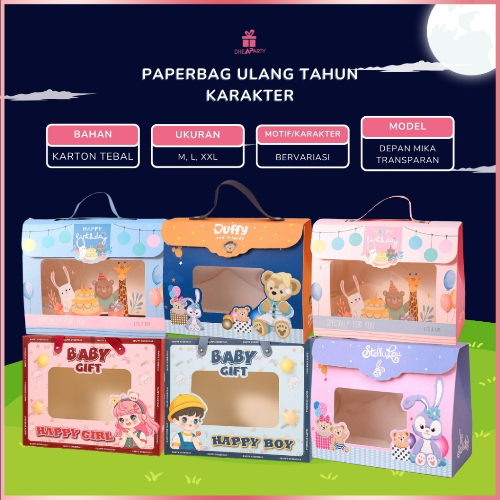 

DP Goodie Bag Ulang Tahun Souvenir Anak Kotak Kado Ulang Tahun Model Transparan / Paperbag Ulang Tahun Vertikal Dan Horizontal PP03