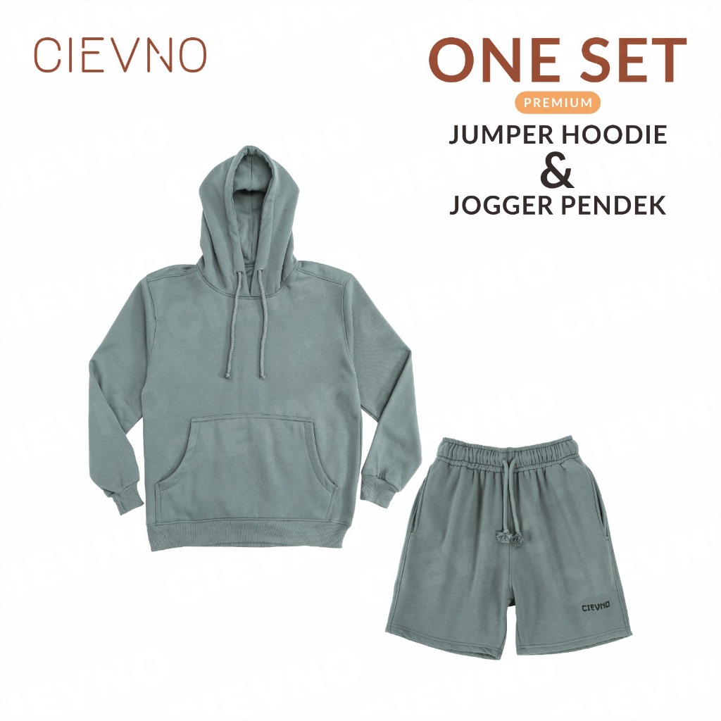 ONE SET HOODIE JUMPER + CELANA PENDEK PREMIUM SEAGREEN ( PRIA & WANITA )