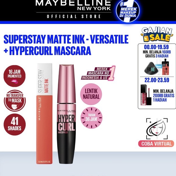 Maybelline Paket Makeup Anti Transfer Hypercurl 36Hr Waterproof Mascara  Superstay Matte Ink Versati