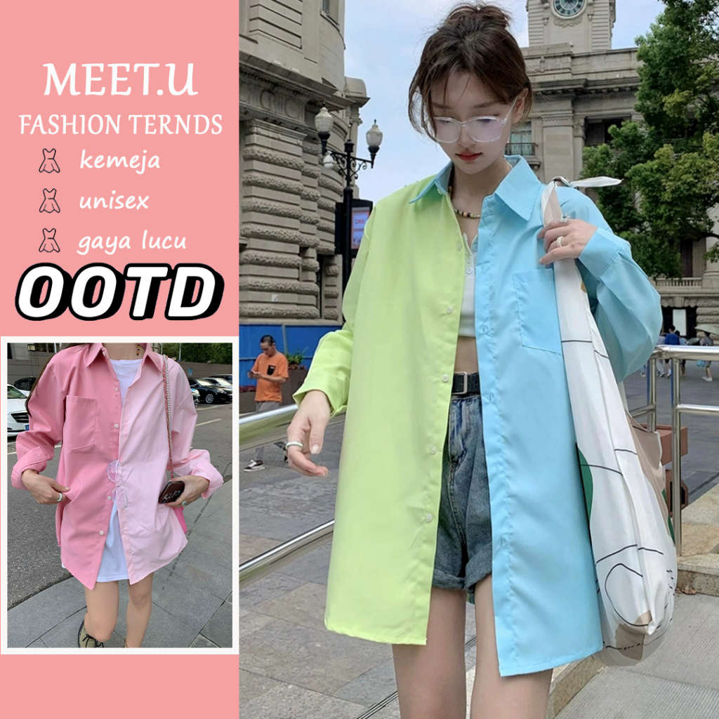 MEET.U【Unisex】Atasan Pelindung Sinar Matahari Kemeja POLO Lengan Panjang Longgar Warna Permen