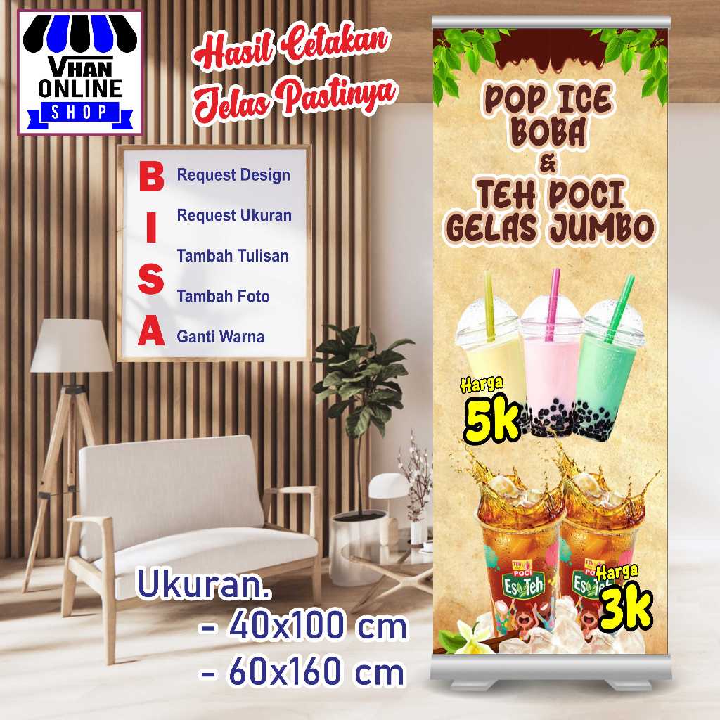 Design Banner Spanduk MMT Pop Ice Boba dan Teh Poci Cup Jumbo