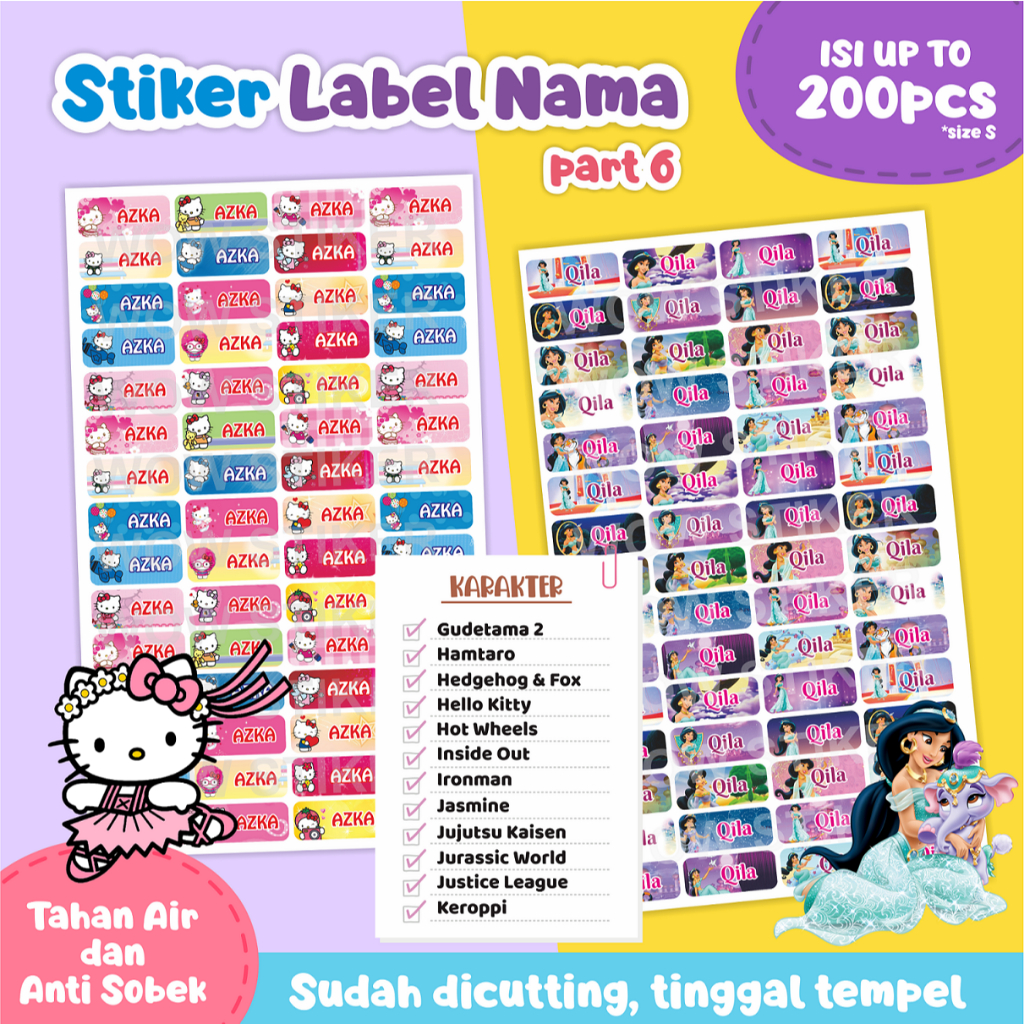 

PART 6 Stiker Label Nama Waterproof Versi Kotak - Gudetama, Hello Kitty, Ironman, Jasmine, Keroppi