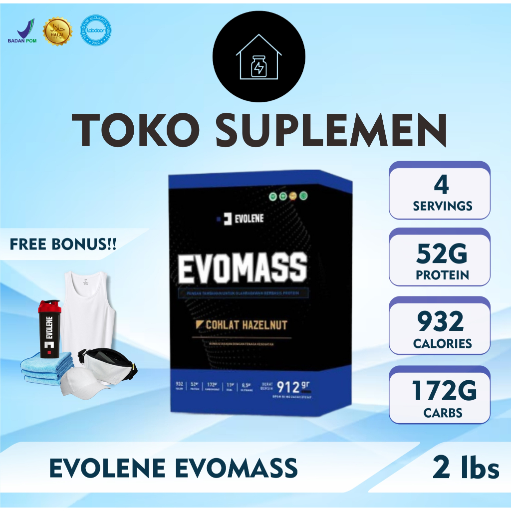 EVOLENE EVOMASS 2LBS - WEIGHT GAINER 2 LBS 923 Gram BPOM HALAL MUI Gainer 2lb 1kg 900 Gram Coklat bu