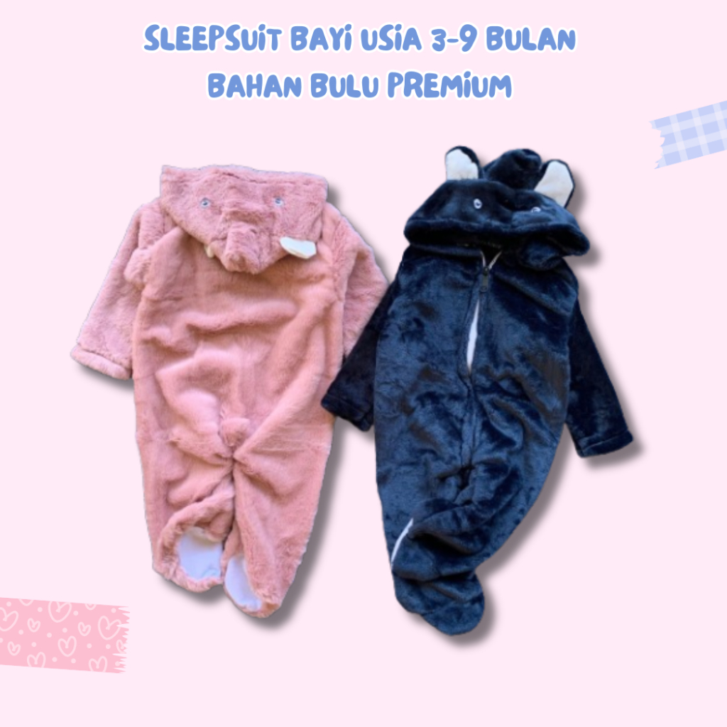 Sleepsuit Bayi Bahan Bulu Tebal Premium Pakai Hoodie Usia 3-9 Bulan Unisex Jumper Bodysuit Bayi Kara