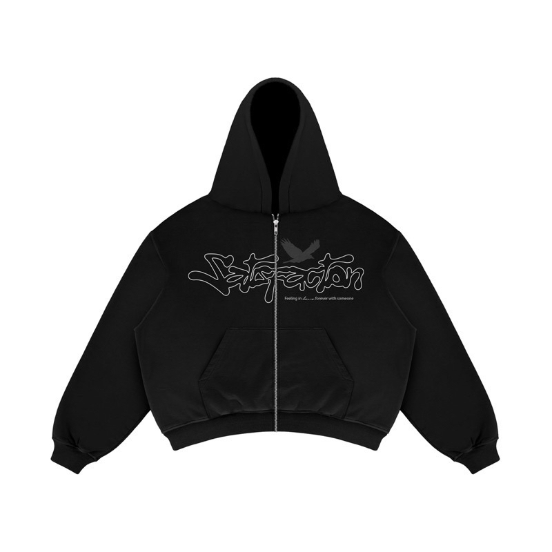 Satisfaction Hoodie Zipper Boxy 375GSM Birds Black