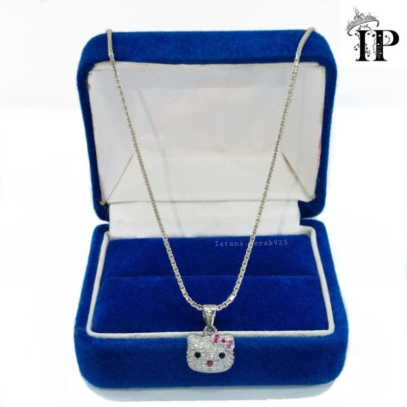 SET KALUNG ANAK PERAK ASLI SILVER 925 LAPIS EMAS PUTIH - MODEL LIONTIN HELLOKITTY PERMATA - PERHIASA