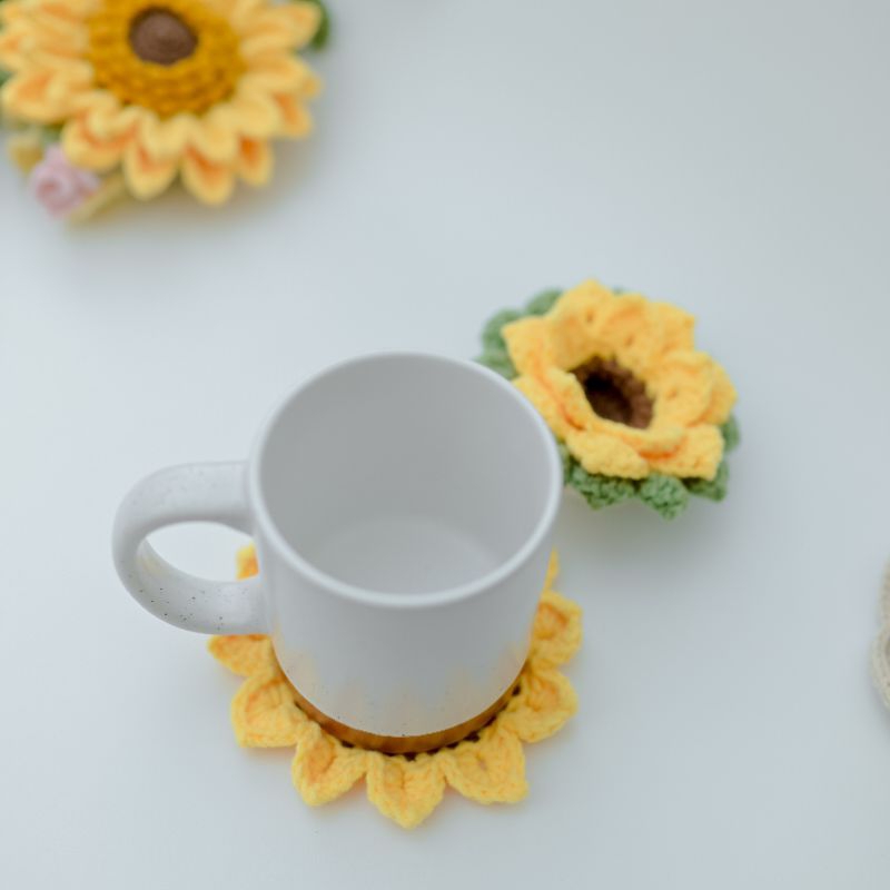 (Tanpa Pot) Coaster Bunga Matahari / Tatakan Gelas Rajut