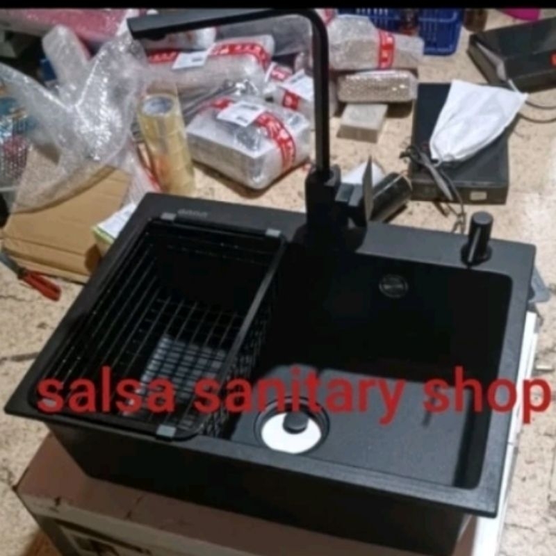 PAKET komplit kitchen sink GRANIT ONAN 6146/PAKET kran kotak Hitam