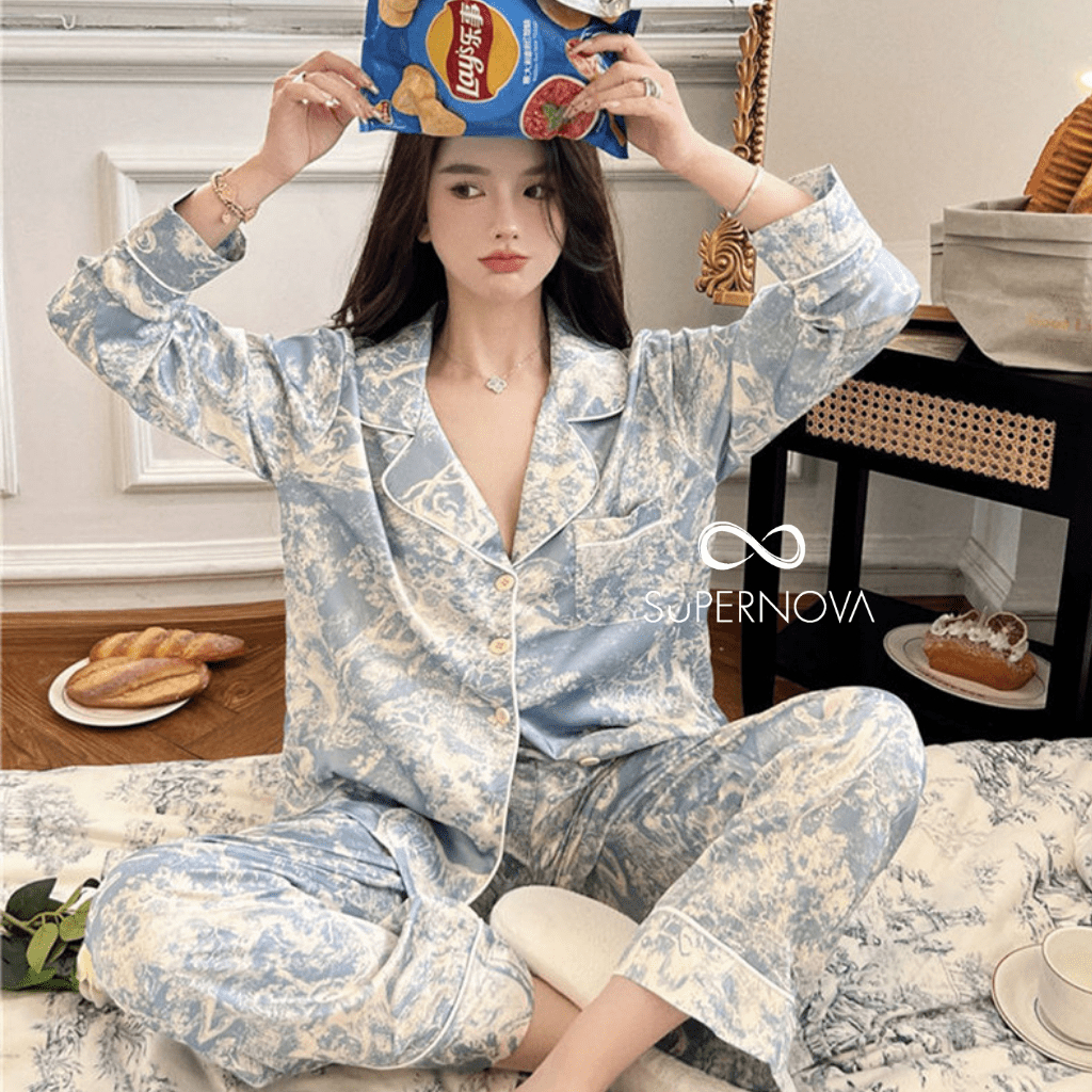 PROMO DISKON DIOR PAJAMAS Long Ice Silk Satin Korea Jepang Elegan Piyama Mewah Baju Tidur Kancing