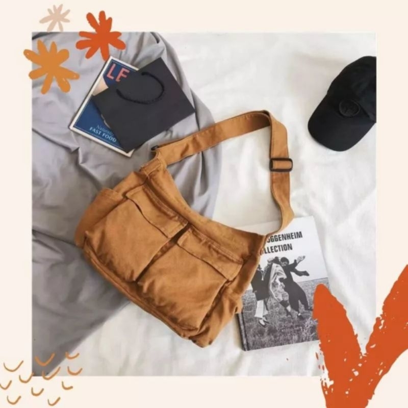 Tote bag Canvas Large Messenger Sling Bag Unisex Tas Wanita Bahu Selempang Kanvas Besar Kuliah Casua