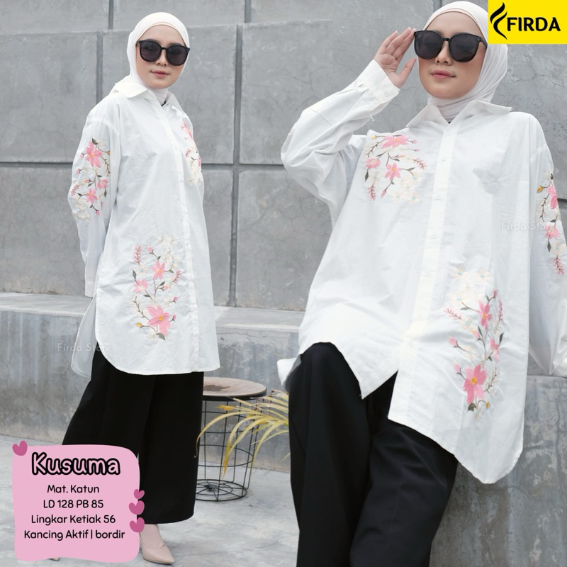 KUSUMA KEMEJA KATUN BORDIR JUMBO ATASAN WANITA PUTIH BLOUSE KEMEJA KATUN JUMBO MOTIF BORDIR